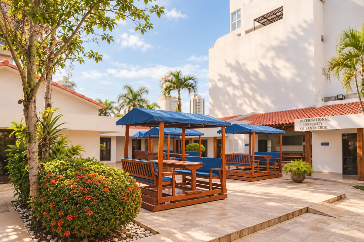Patio del campus de iU en Santa Cruz de la Sierra, con mesas bajo toldos azules