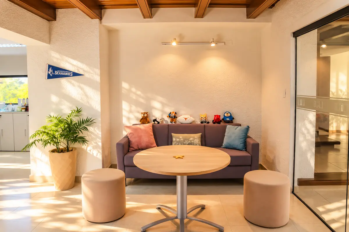 Sala de estar para alumnos de iU, con sofá y recuerdos de universidades de Estados Unidos